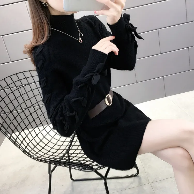 时尚减龄针织加厚中长款毛衣系腰带女装外穿洋气女2025打底衫春秋
