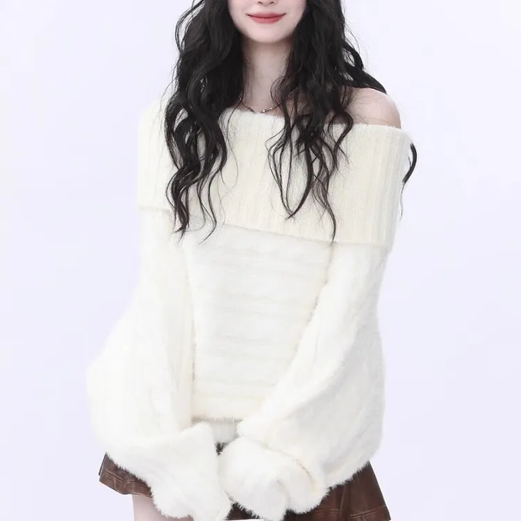 2025秋冬新款约会战衣贵气一字领毛衣女韩系软糯百搭气质宽松外套