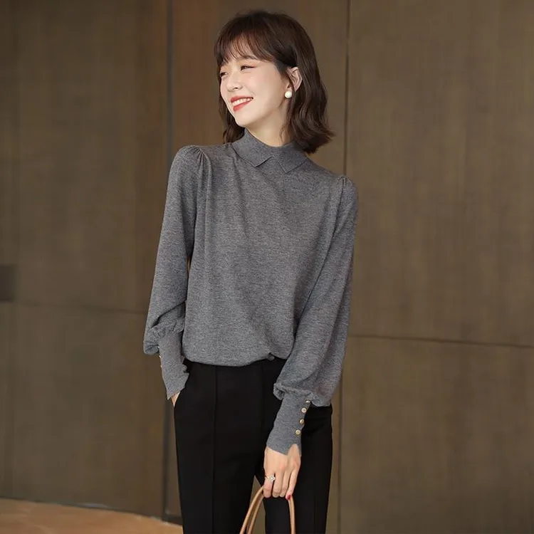 打底衫灰色洋气设计感小众别致翻领小衫秋冬长袖针织衫秋季女新款