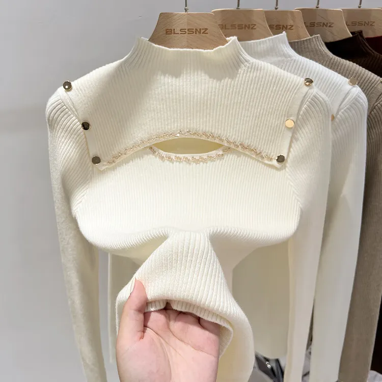 设计感镂空半高领加厚毛衣女内搭春秋2025新款打底针织衫保暖上衣