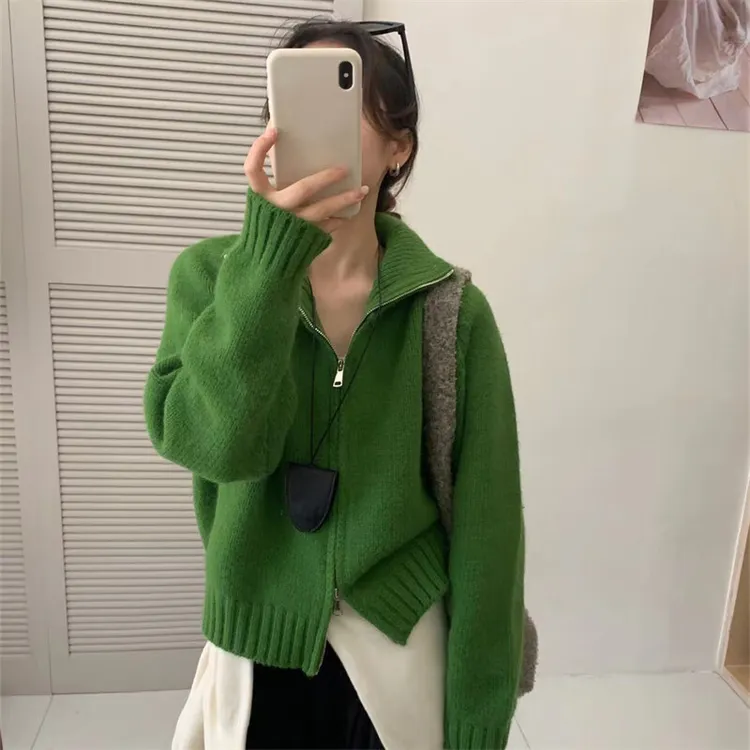 慵懒风纯色双拉链翻领秋冬毛衣外套女春秋新款宽松简约针织开衫厚