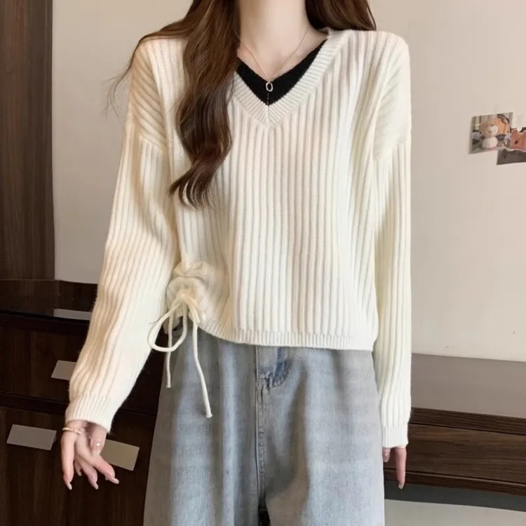 假两件V领短款长袖宽松针织衫女春秋新款百搭显瘦修身抽绳上衣女