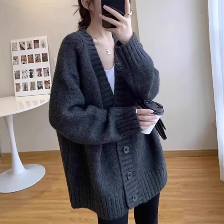 慵懒风复古针织衫外搭秋冬加厚上衣毛衣外套女开衫宽松中长款外穿