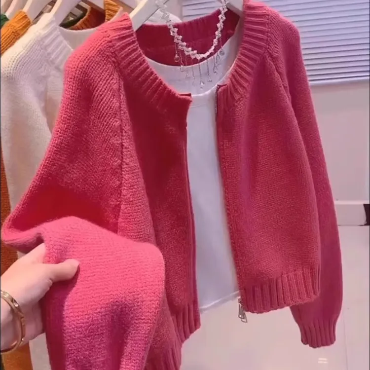 玫红色短款毛衣外套女2025新款春秋韩版宽松慵懒外穿拉链针织开衫