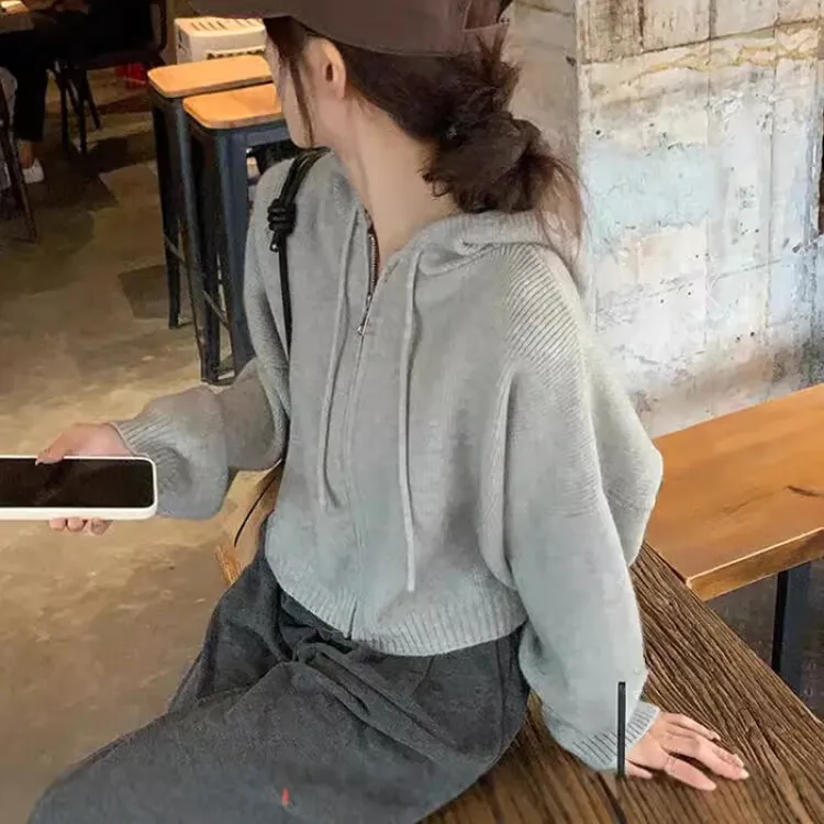 慵懒设计感加厚连帽气质拉链针织开衫高级感宽松上衣百搭毛衣外套