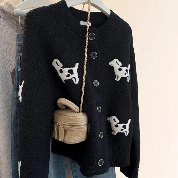 黑色小狗毛衣开衫女春秋欧货外穿宽松高级感小个子针织外套