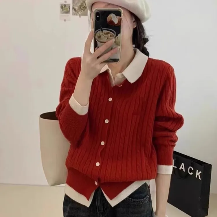 2025年春秋新款polo领长袖针织衫假两件拼接设计感洋气百搭针织衫