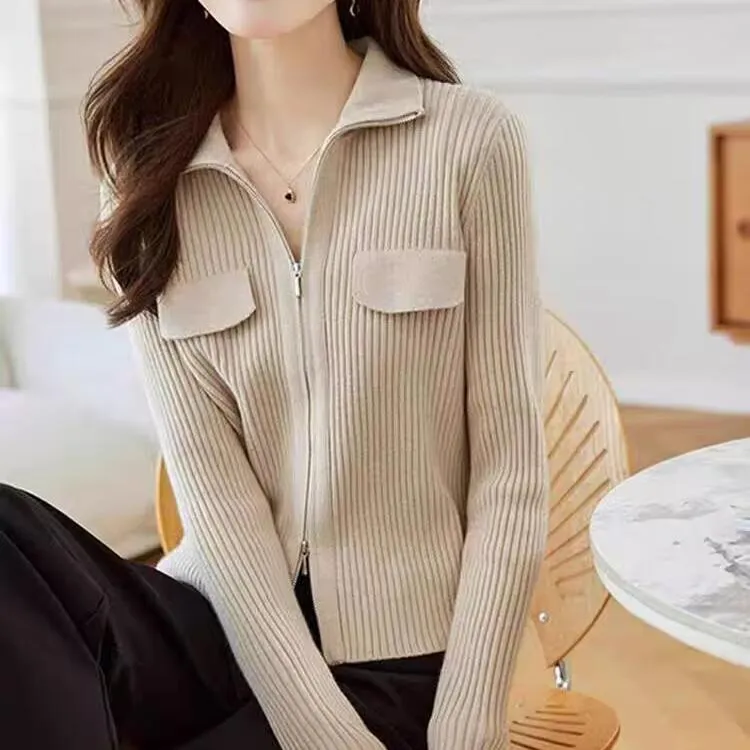 2025春秋季新款女士双拉链翻领针织开衫白色毛衣百搭别致长袖上衣