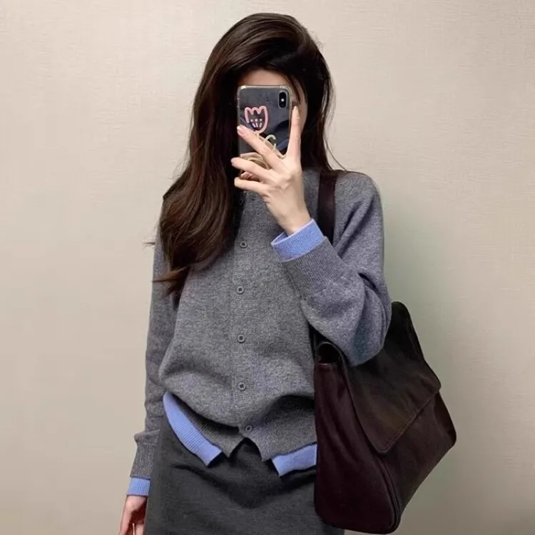 设计感灰色假两件撞色针织开衫女春秋高级感气质毛衣外套时尚上衣