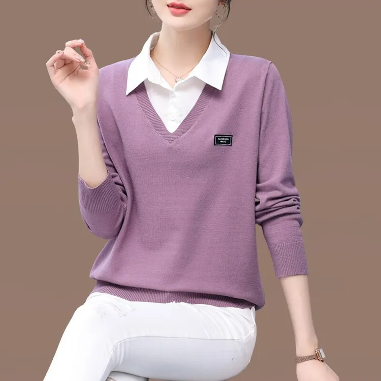 2025新款针织假两件春秋装韩版长袖针织衫宽松打底上衣针织衫时尚