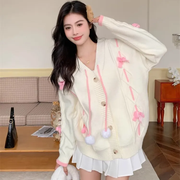 大码女装港味多巴胺减龄甜妹蝴蝶结温柔风设计感百搭开衫针织毛衣