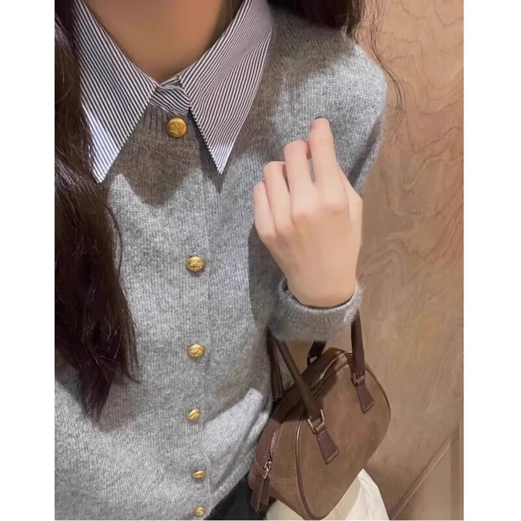 2025春秋POLO领拼接假两件毛衣女春秋小个子修身内搭针织开衫上衣