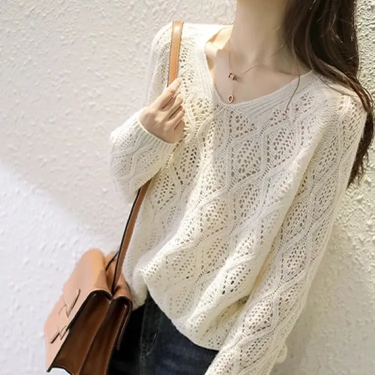 春秋镂空针织衫女宽松韩版套头针织打底衫纯色V领薄菱形外穿毛衣