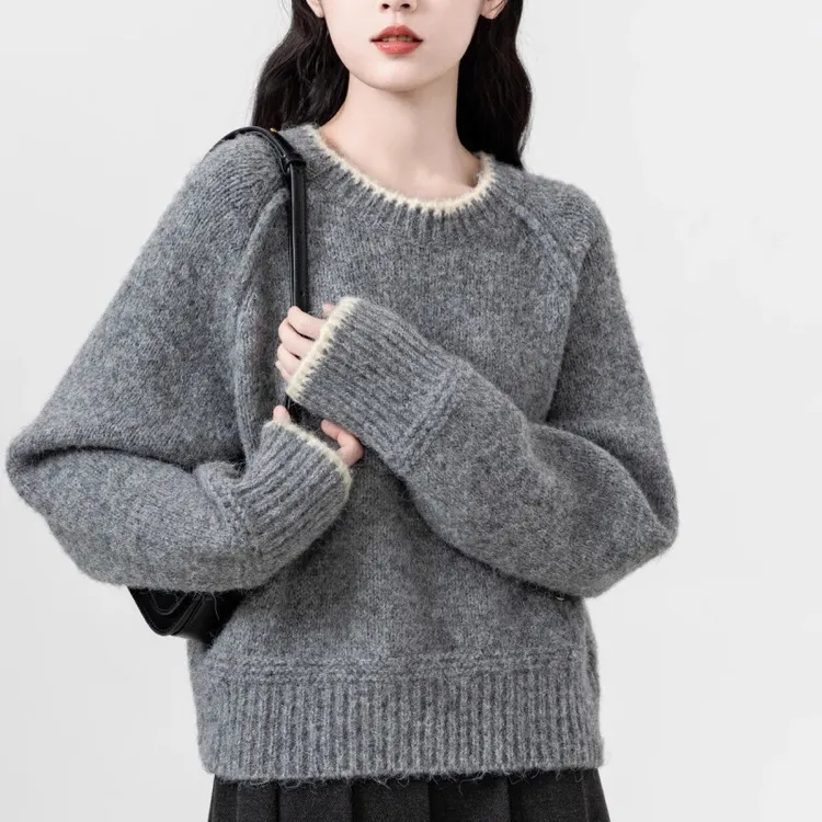 短款灰色毛衣女春秋2025新款慵懒风加厚圆领内搭针织衫小个子上衣