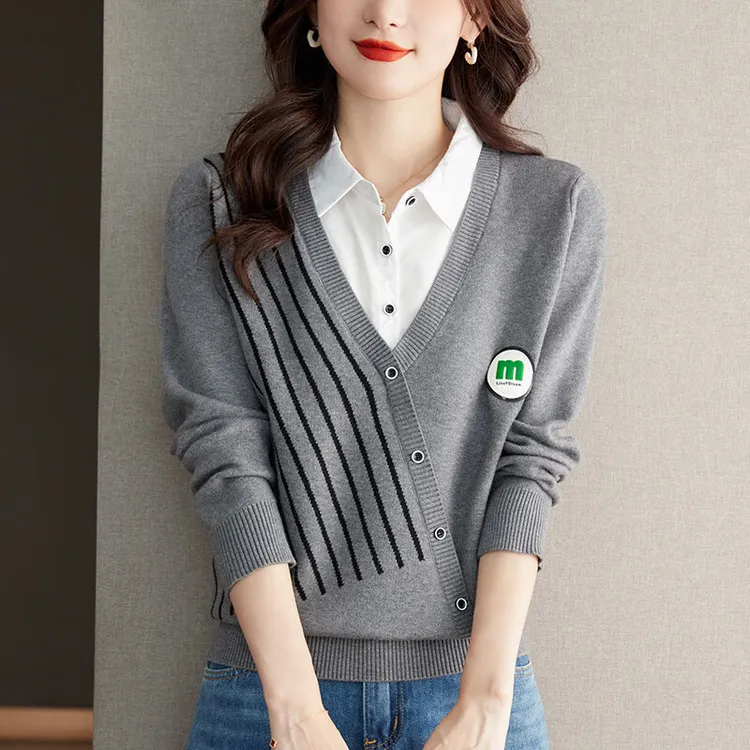 春秋新款百搭大码衬衫领毛衣女宽松假两件上衣针织衫针织打底衫