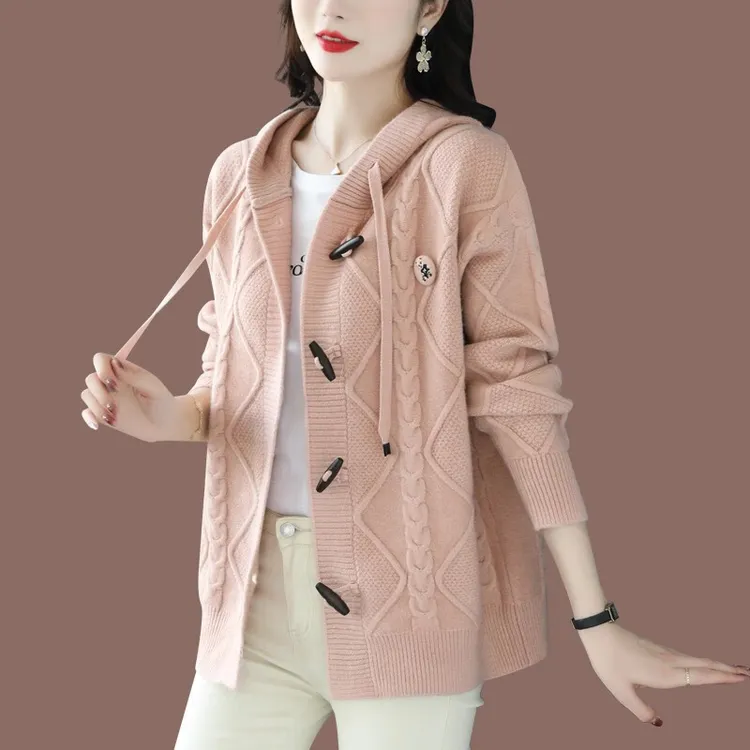 连帽时尚百搭长毛衣开衫毛衣外套女春秋春秋新款宽松针织开衫披肩