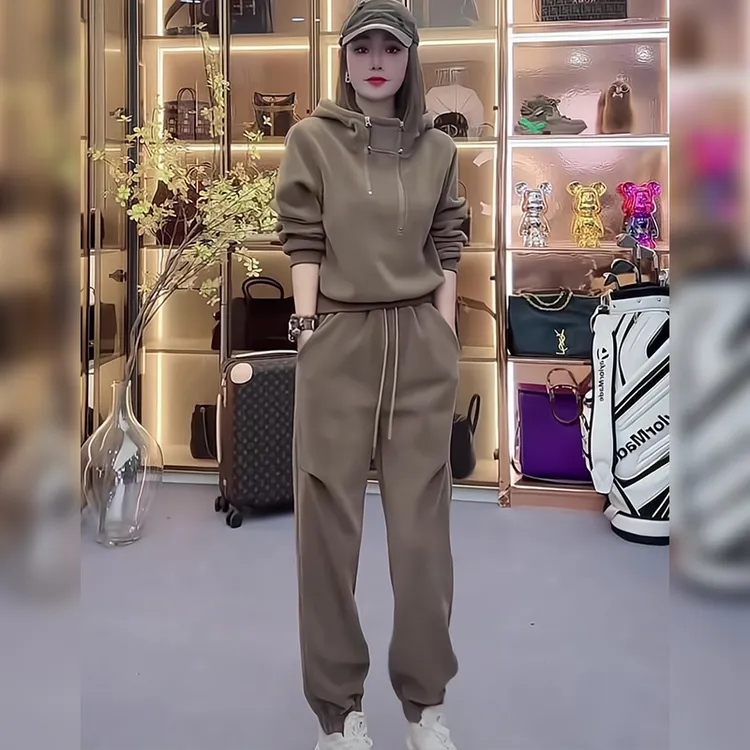 高级感时尚休闲运动服套装女秋冬新款气质显瘦加绒双拉链卫衣卫裤