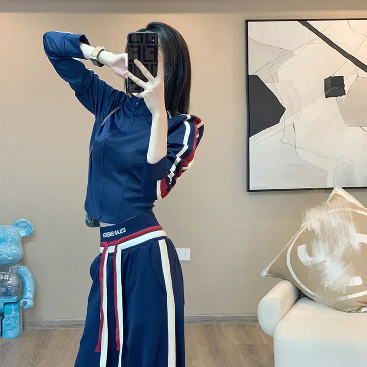欧货气质显瘦网红运动服套装秋冬装女炸街加绒拉链开衫卫衣阔腿裤