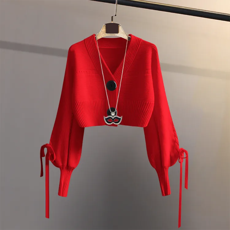 秋冬厚款粗毛线针织V领外套时尚短款高腰显瘦微胖不臃肿毛衣开衫