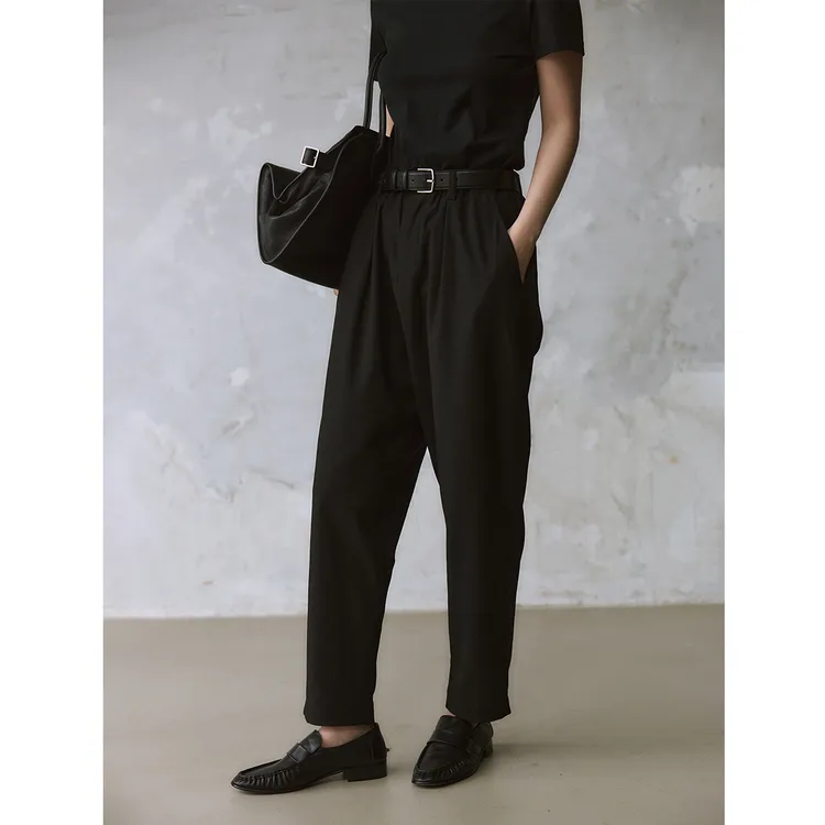 YUJIE 极简阔腿抽绳松紧腰锥形休闲长裤新款百搭哈伦裤 KZ016