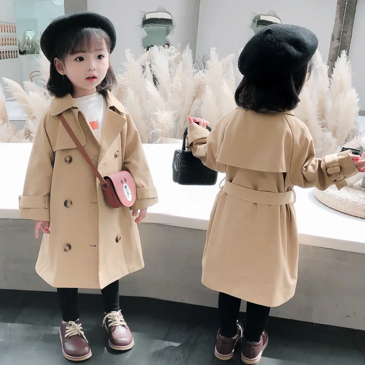 女童春秋季风衣外套中小童双排扣休闲外套上衣中长款潮范大衣儿童