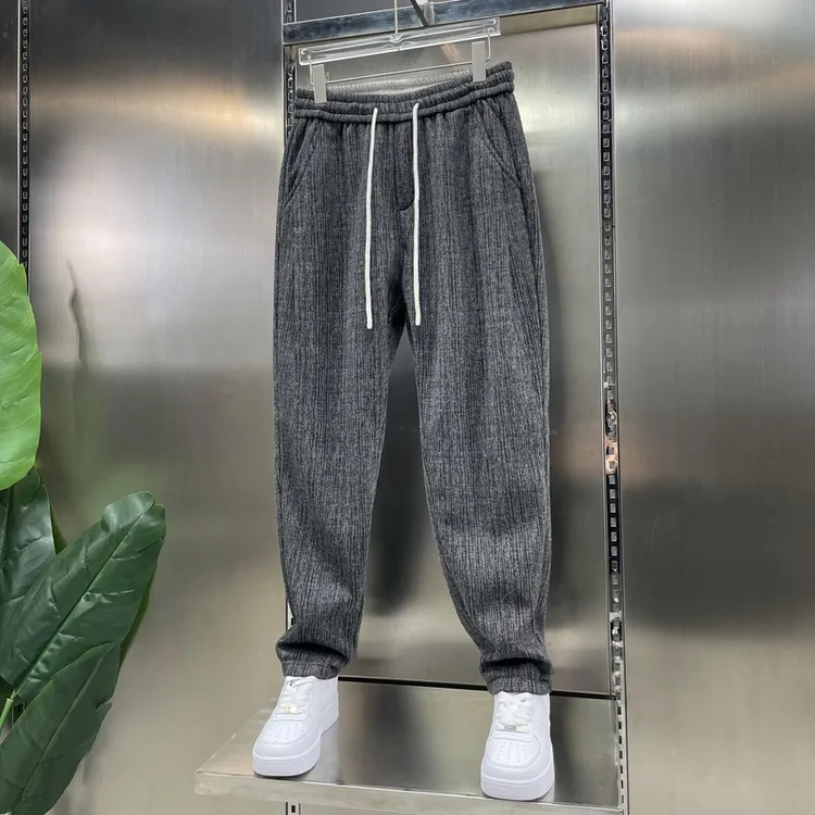 【高品质】2024新款冬季加绒男士休闲裤磨毛提花直筒小脚弹力松紧腰