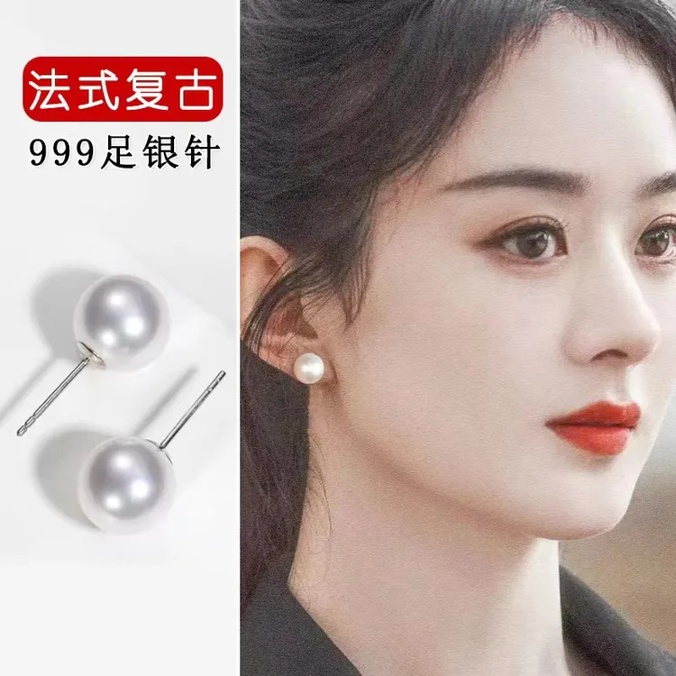 足银耳饰 s999纯银施家珍l珠耳钉2025时尚新爆款轻奢耳环百搭耳饰