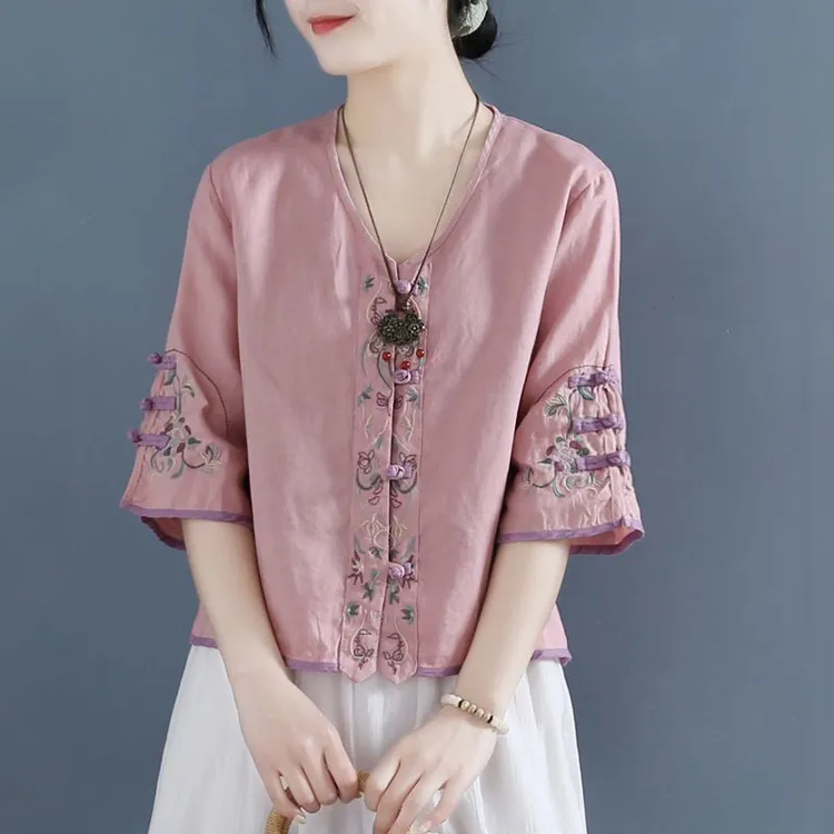 复古刺绣盘扣麻棉衬衫女2025夏新款中式禅意茶服宽松短款v领上衣