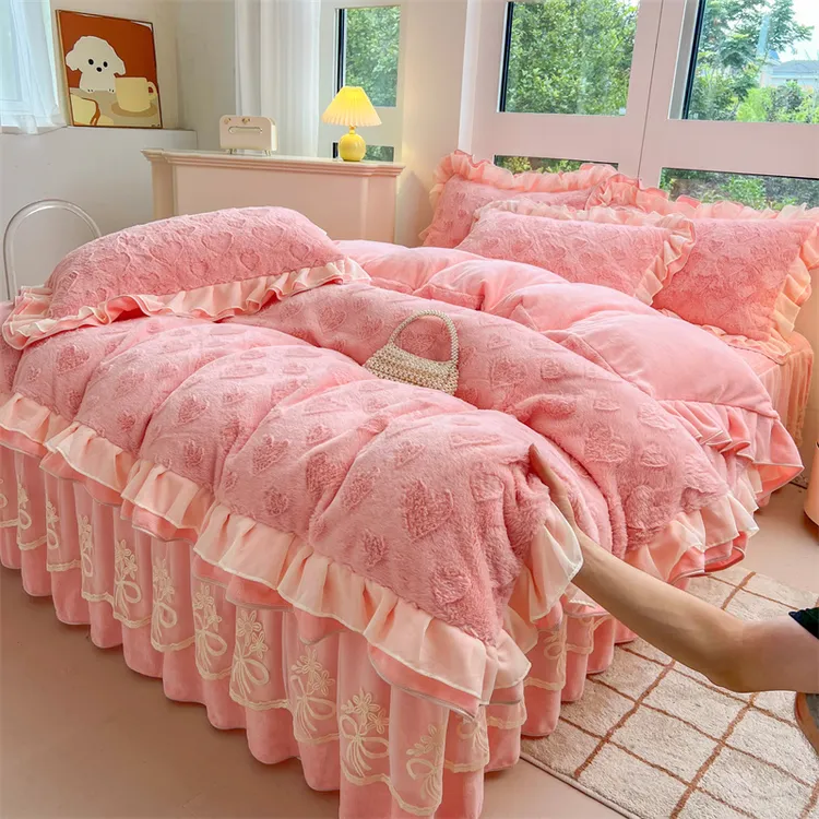 秋冬新品公主风牛奶绒床裙款四件套韩版花边双面绒被套加厚防静电