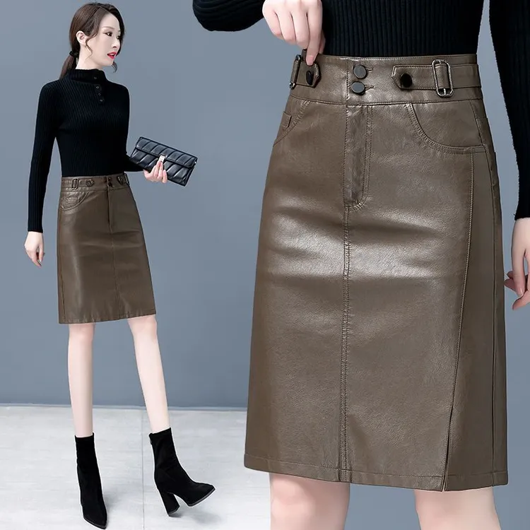 皮裙女半身裙新款高腰百搭显瘦中长款一步裙PU包臀裙大码a字裙子