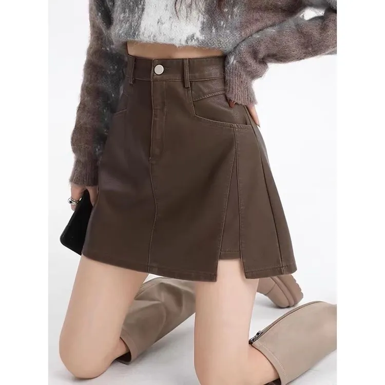 2025秋冬新款美拉德咖色皮裙半身裙女高腰a字辣妹pu皮短裙包臀裙