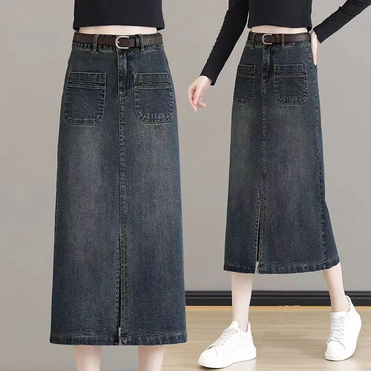 高腰开叉牛仔半身裙女2025春夏新款包臀裙显瘦中长款过膝一步裙
