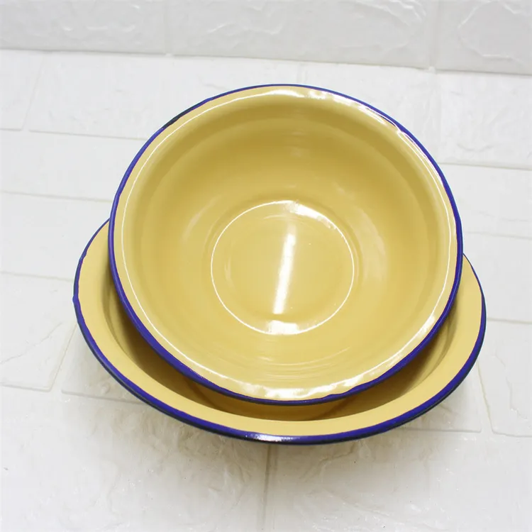 怀旧搪瓷碗纯黄卷边碗家用饭盆老式汤盆商用汤面碗经典菜盆汤粉碗