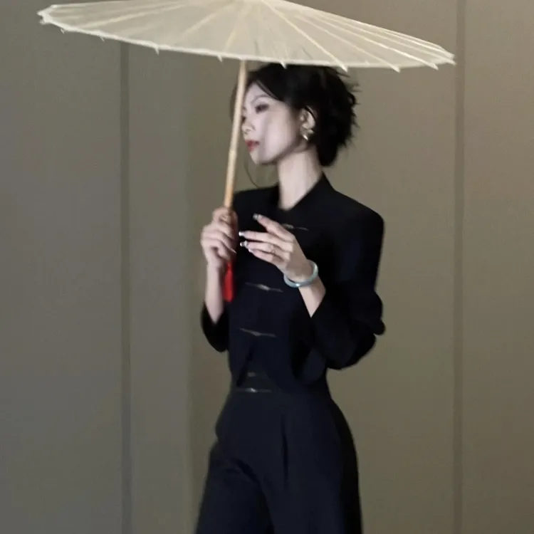 新中式秋新款时尚套装设计感长袖短款上衣高腰显瘦阔腿裤两件套装