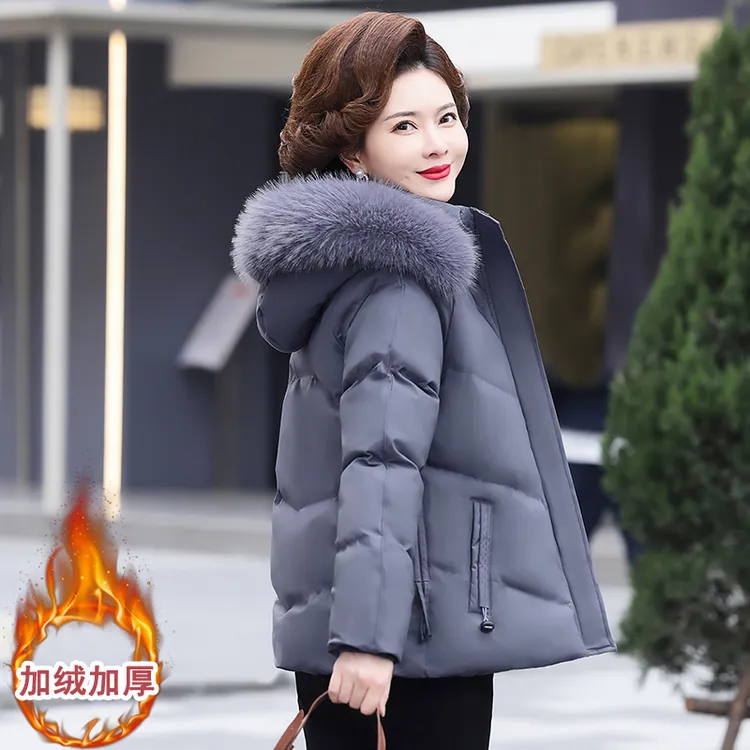 中老年妈妈冬季短款加绒加厚保暖棉衣外套女大毛领小棉袄中年棉服