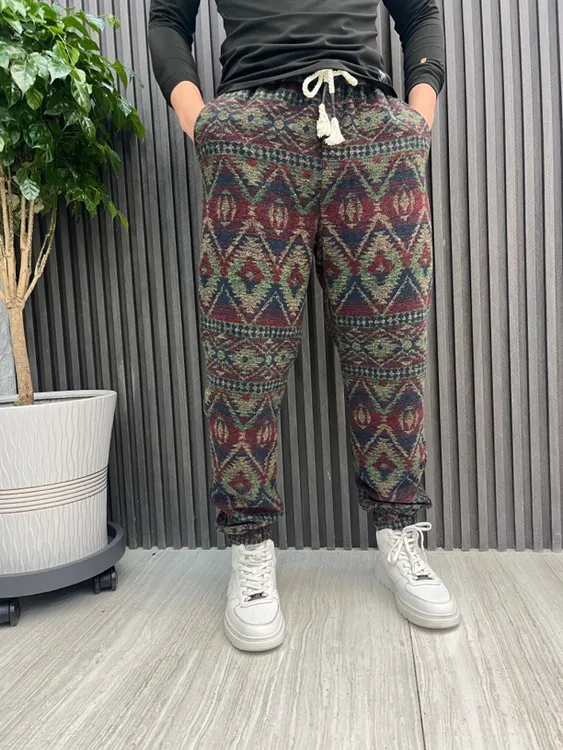 新中式裤子男秋冬款民族风印花束脚灯笼裤中国风复古毛呢料休闲裤