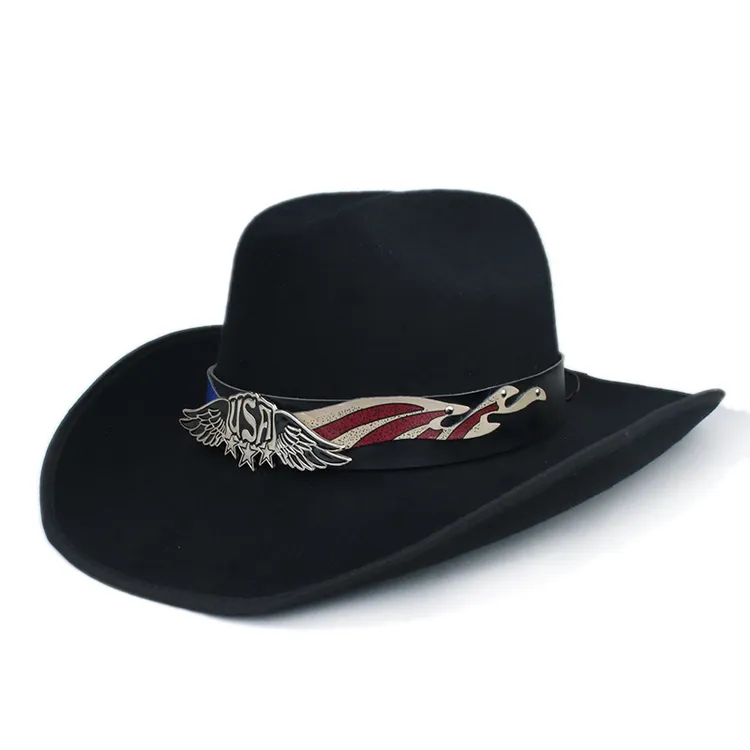 复古翅膀皮带毛呢大檐斗牛士黄石户外定型西部牛仔毡礼帽遮阳保暖