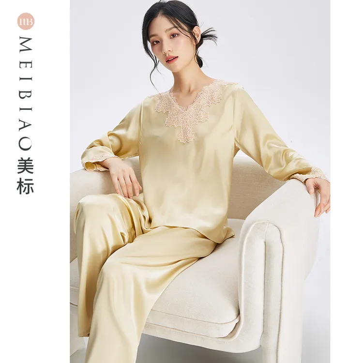 美标春秋100%桑蚕丝19姆米女士蕾丝舒适家居服可外穿套装  100127