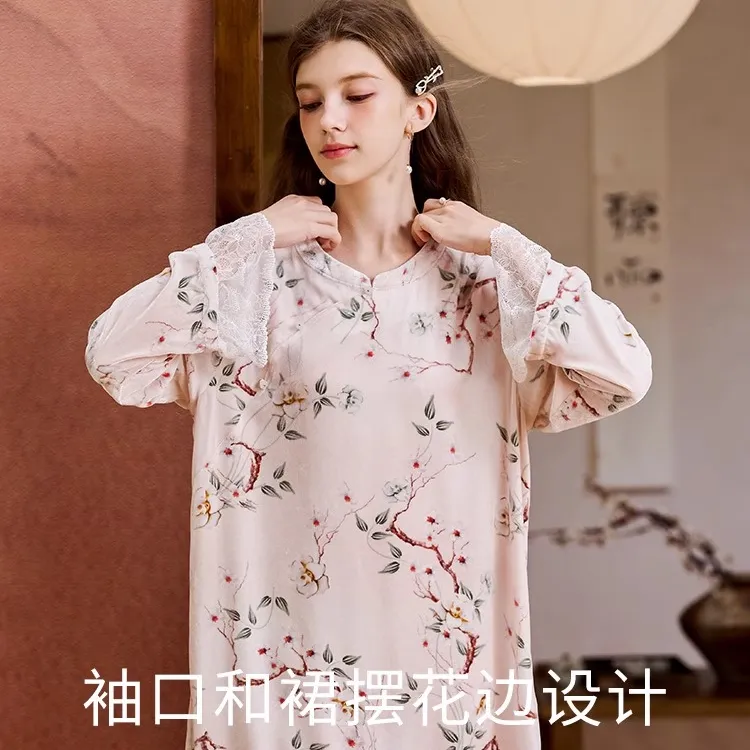 美标丝绒重磅100桑蚕丝女士睡衣连衣裙中国风睡裙021189