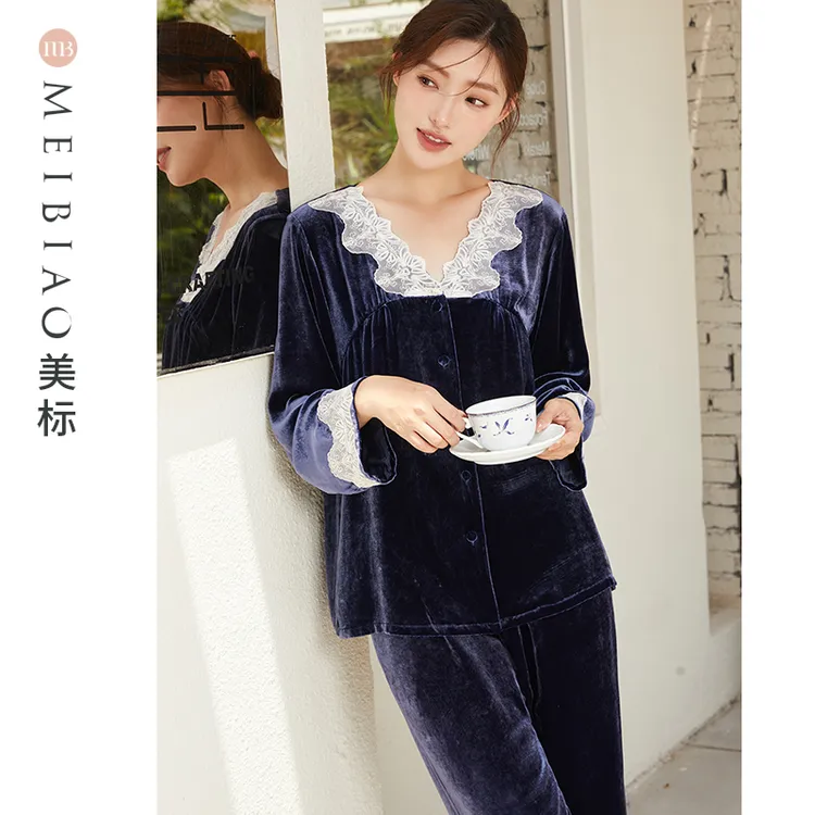 美标100%桑蚕丝19姆米秋冬季高端丝绒情侣套装家居服睡衣100145