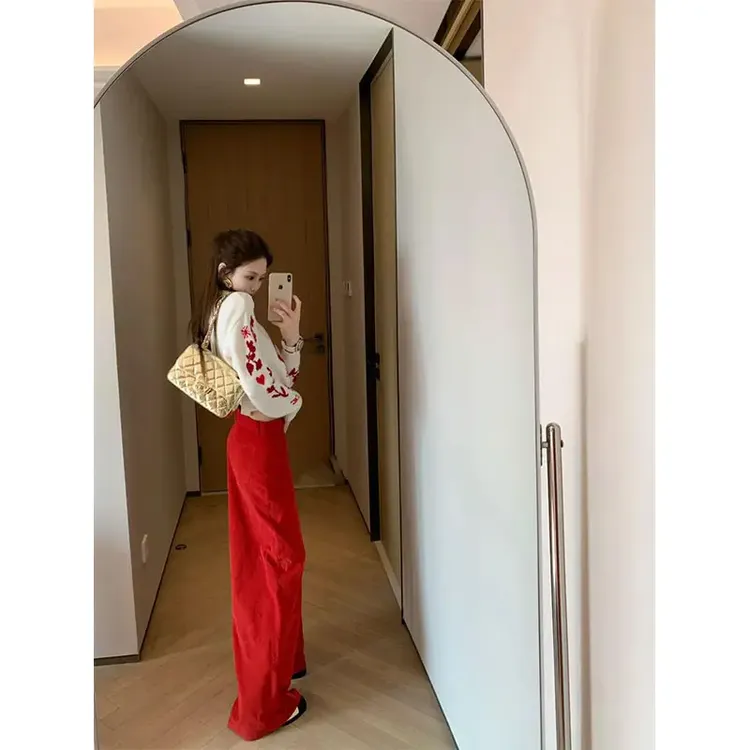 冬季新款圣诞系列红色温柔系短款长袖针织毛衣高腰显瘦直筒阔腿裤