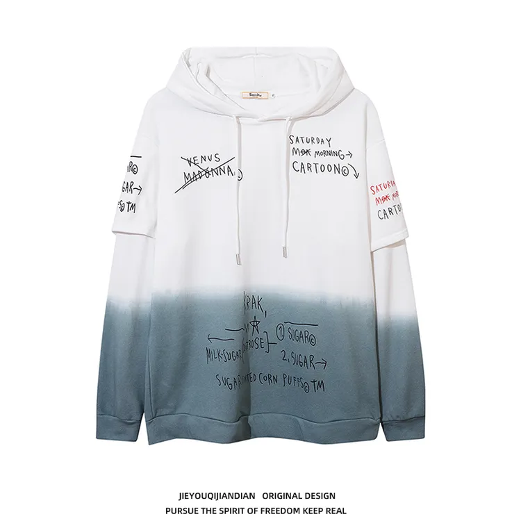 渐变色连帽卫衣男女春秋季帅气外套学生宽松百搭假两件青少年长袖