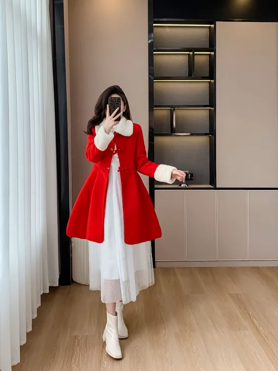 圣诞女神红色呢子大衣毛毛外套洋气甜美风秋冬中长款灵动迷人套装