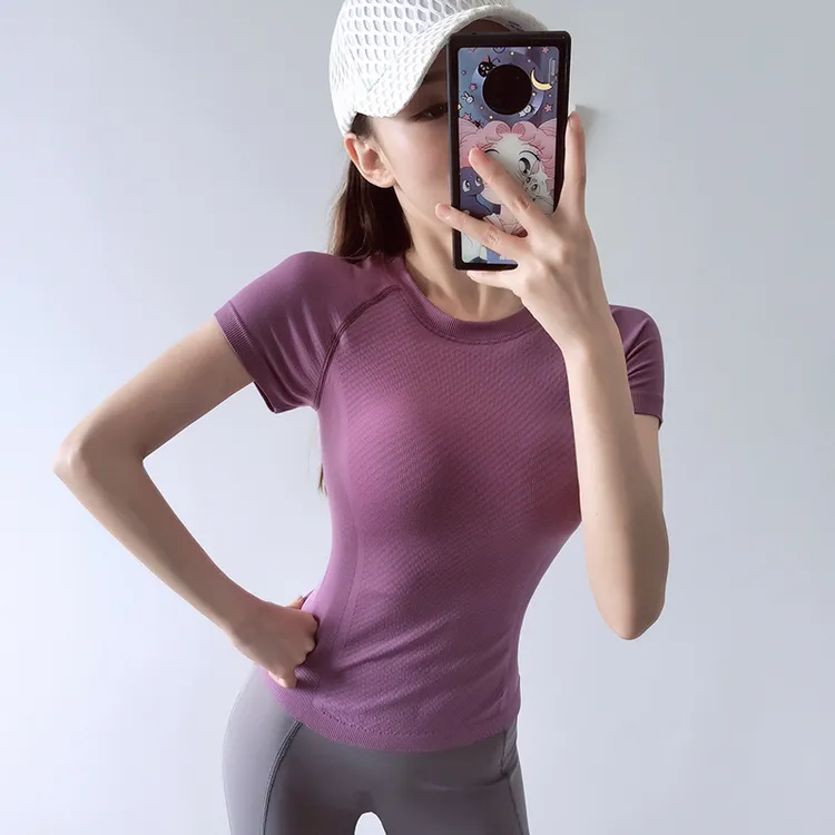岚纹弹力紧身运动短袖女性感显瘦瑜伽服速干t恤跑步健身服上衣夏