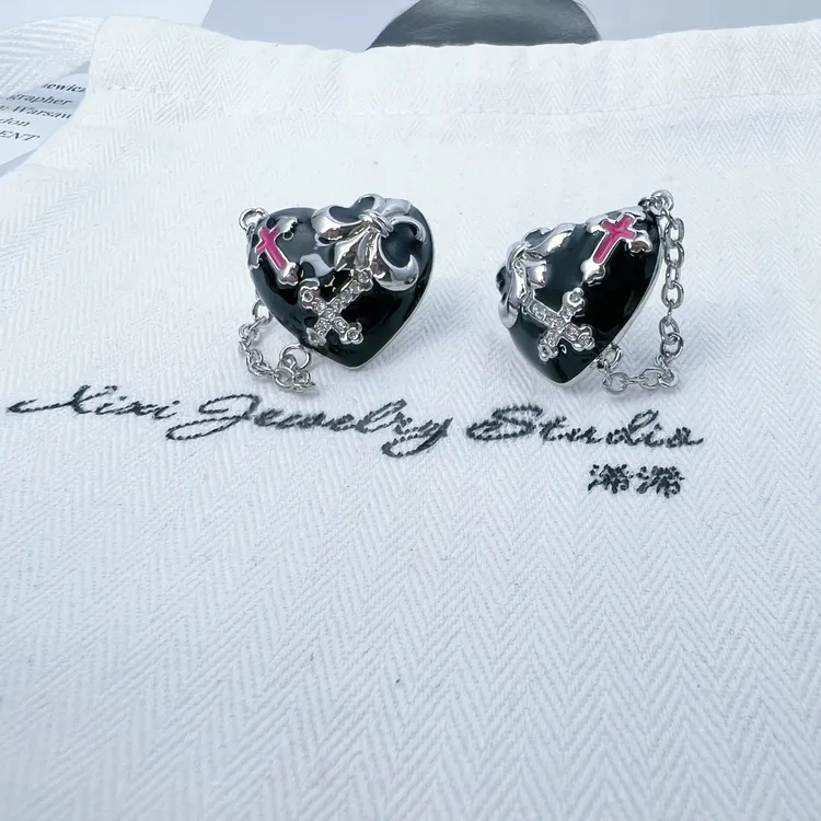 铜合金耳饰 心形重工耳钉十字架鸢尾花锆石流苏链条甜酷风