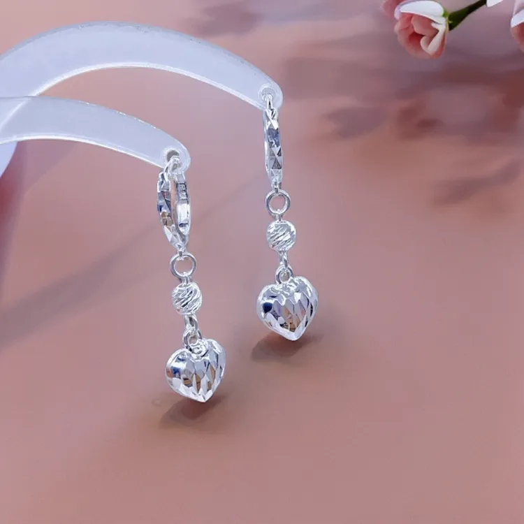 足银耳饰 足银990车花珠爱心耳扣经典立体中长款银色简约纯银耳环