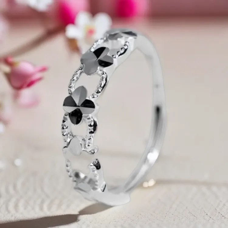 足银戒指 足银990日韩简约四叶草戒指女ins高级百搭纯银指环经典