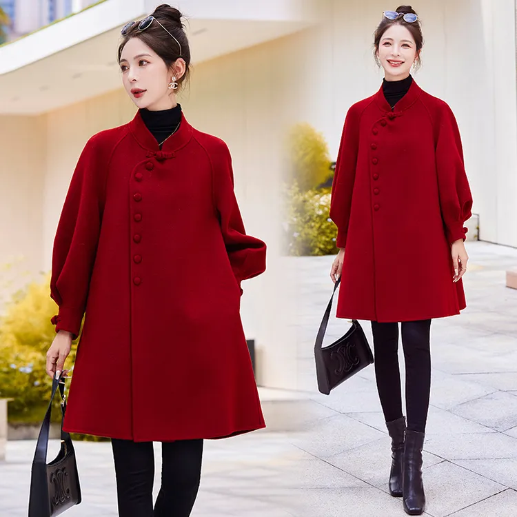 双面呢羊毛大衣女2025新款秋冬爆款小个子斗篷新年红色新娘外套