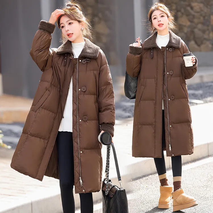 羊羔毛拼接翻领羽绒服女中长款冬季2025新款高端时尚洋气加厚外套