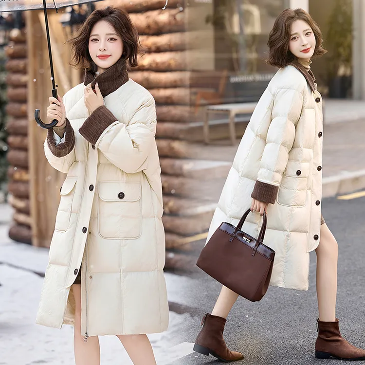 韩系复古撞色翻领羽绒服女2025冬新款高级感超宽松加厚中长羽绒服